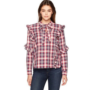 New BlankNYC Plaid Ruffle Shirt Bow neck detail blouse Top
Cardinal red holiday